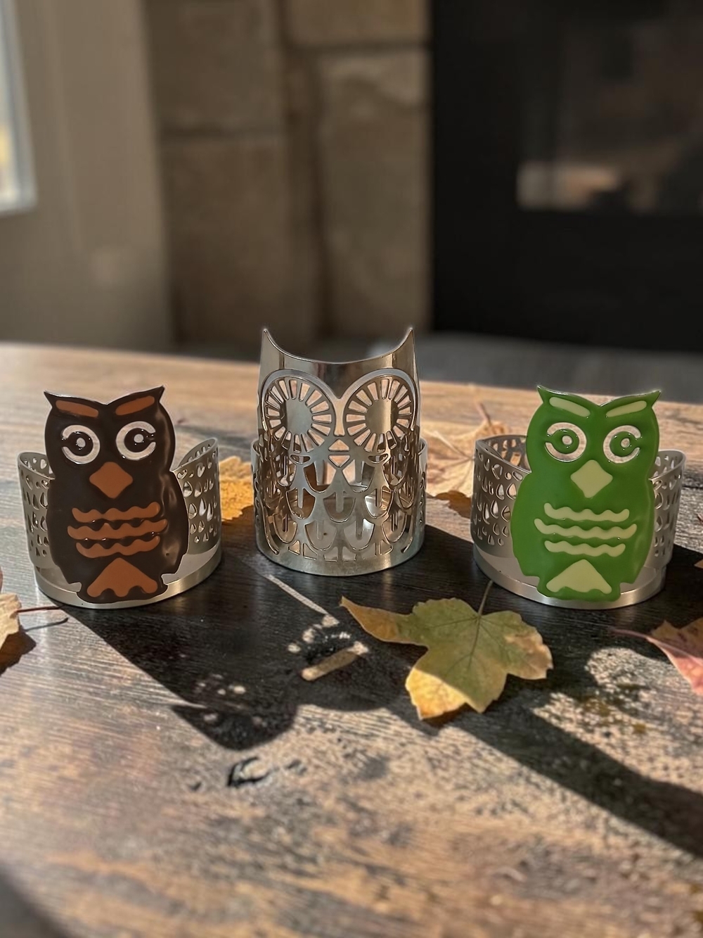 Owl Decorative Mini Candle Holders - Brown & Green Set